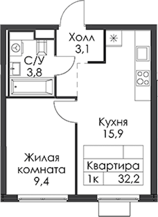 1-комнатная квартира 32.2 м², 6/24 эт., ЖК «Заречный парк»